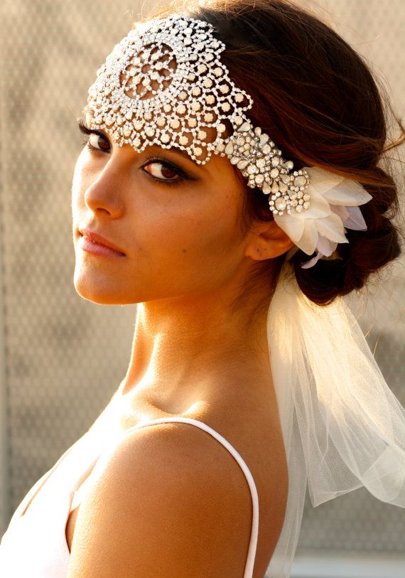 Свадьба - Opal Crystal Lace Headpiece- Jolene