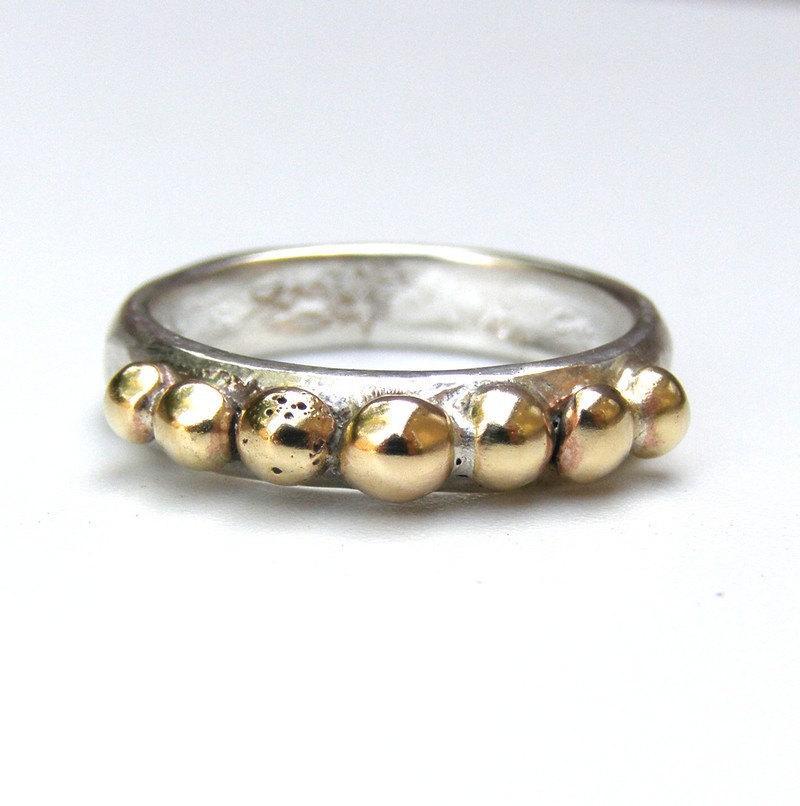 Wedding - Stacking ring 14k solid Gold ring and silver ring with Lovely 14k gold dots - made to order