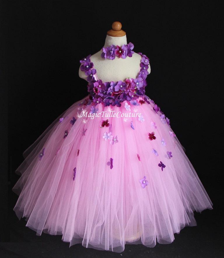 Wedding - Mixed Pink & Purple Hydrangea Flower Girl Tutu Dress Birthday Party Dress Tulle Dress  (With a Matching Headpiece)