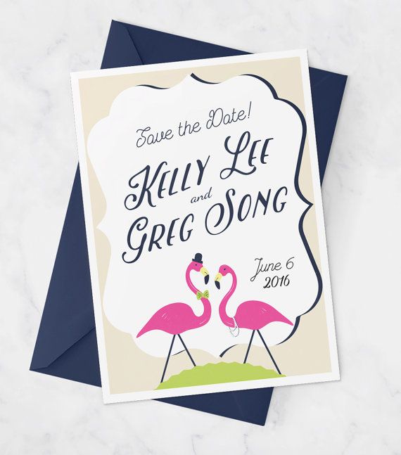 Mariage - Preppy Wedding Save The Date Postcard With Flamingos, Flamingo Wedding Fun Save The Date PDF, Navy And Pink Flamingo Printable Wedding