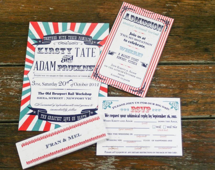 Hochzeit - Vintage Circus Wedding Invitations,Retro Circus Wedding Invites,Carnival Wedding Invitation,Vintage Carnival Invite, Invitation Mad Lib RSVP