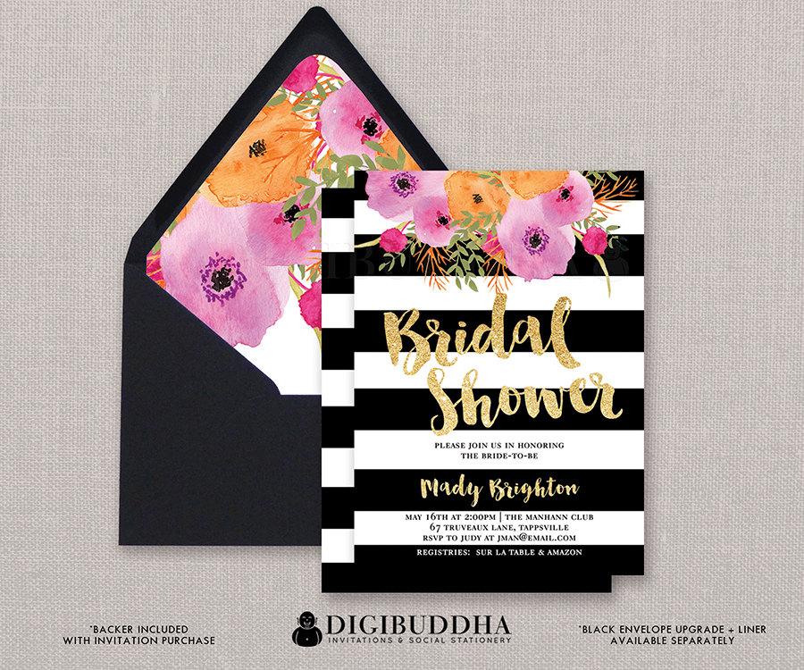 Mariage - Black & White Bridal Shower Invitation Stripes Gold Glitter Modern Watercolor Flowers Wedding FREE PRIORITY SHIPPING or DiY Printable- Mady