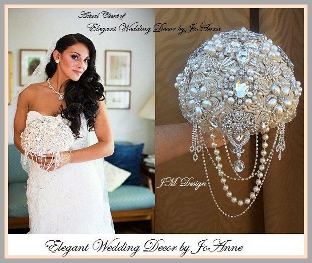 Wedding - CHAMPAGNE Brooch Bouquet - DEPOSIT for the Gorgeous Custom Champagne Satin Jeweled Wedding Brooch Bouquet, Brooch Bouquet