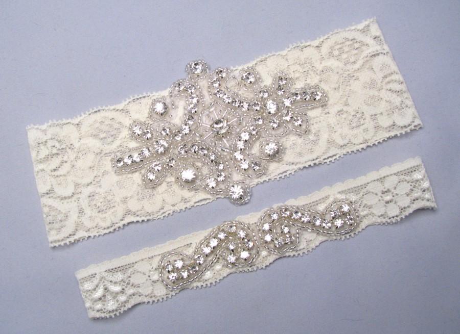 Wedding - Crystal Rhinestone Garter Set, Stretch Lace Keepsake / Toss Custom Garters, Silver Garter Belt, Ivory / White Garters, Bridal Accessory