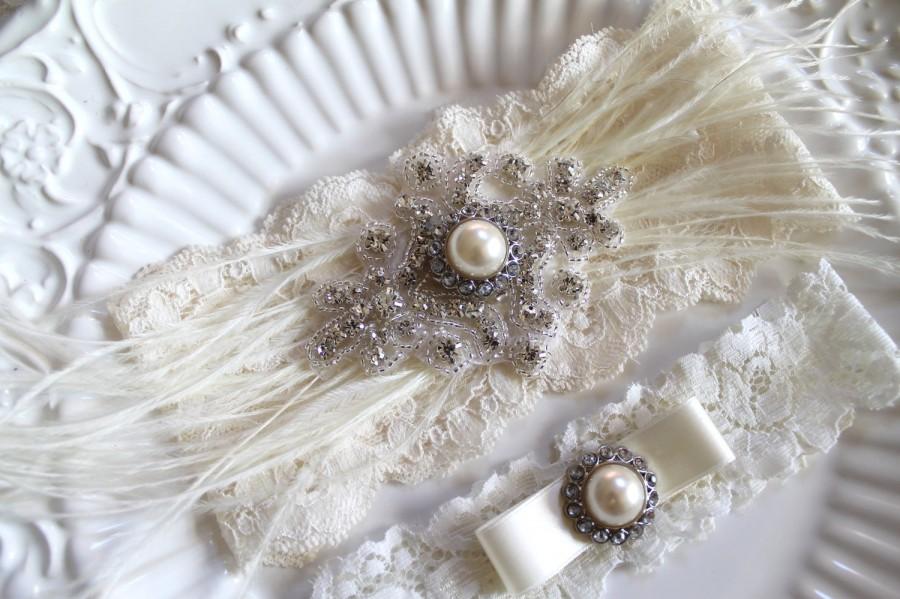 زفاف - Bridal Rhinestone applique Ostrich Feather garter set.  Gatsby Ivory stretch lace Pearl/Crystal wedding garter. FEATHER N CRYSTAL