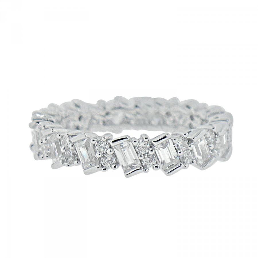 Hochzeit - CZ Ring of Round and Baguette Eternity Band - Wedding Engagement Stacking Cubic Zirconia Rhodium Plated