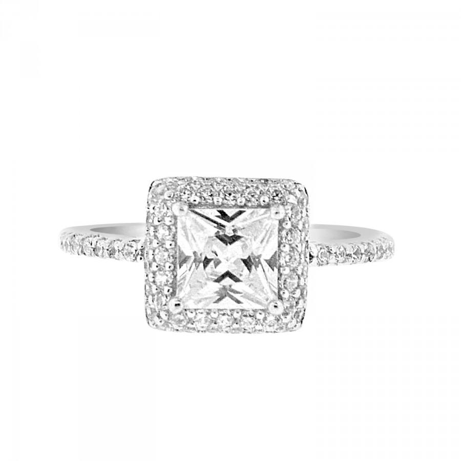 Свадьба - 1 Carat 6mm Princess Cut CZ Double Halo Engagement Ring - Square Cubic Zirconia Sterling Silver Rhodium