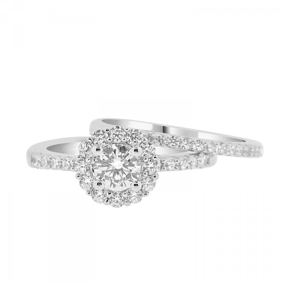 Свадьба - Round CZ Solitaire Halo Engagement Ring with Matching Wedding Band Cubic Zirconia Bridal Set Sterling Silver Rhodium