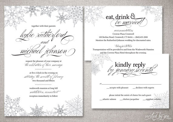 Hochzeit - Winter Snowflake "Kylie" Wedding Invitation Suite - Classic Modern Whimsical Script Invitations - DIY Digital Printable or Printed Invite
