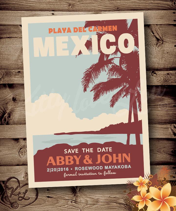 Hochzeit - PRINTABLE Save The Date MEXICO Announcement digital PDF Destination Retro tropical Playa Del carmen invite invitation vintage travel Beach