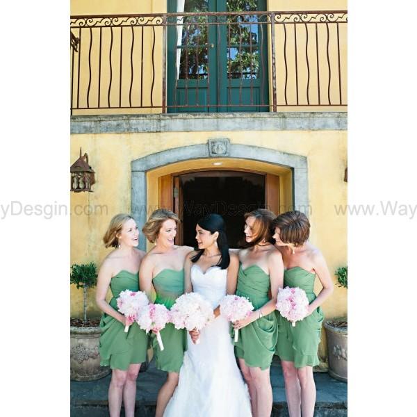 Hochzeit - Peach Pink Chiffon Bridesmaid Dress Knee Length Short Dress Strapless Sweetheart