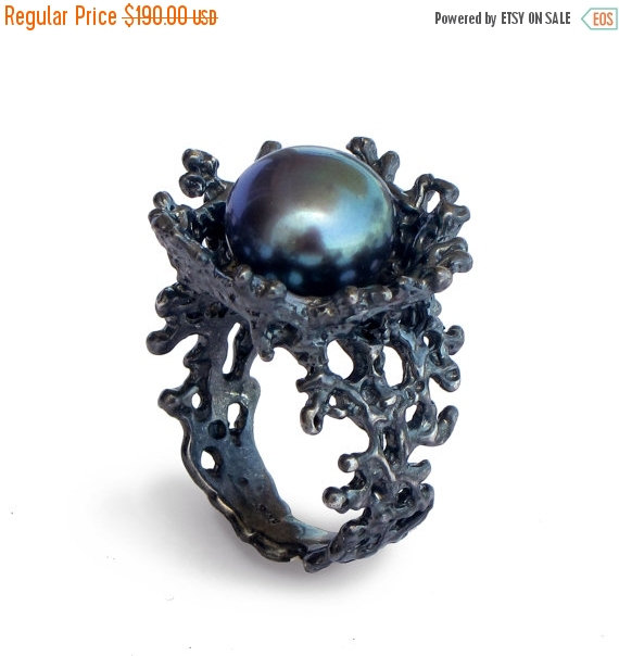 زفاف - Black Friday SALE - CORAL FLOWER Black Pearl Ring, Black Ring, Black Engagement Ring, Black Pearl Engagement Ring, Alternative Flower Ring