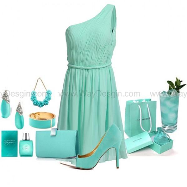Свадьба - Mint Blue One Shoulder Chiffon Bridesmaid Dress/Prom Dress Knee Length Short Dress