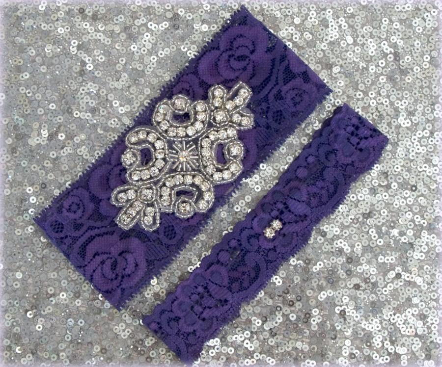 Свадьба - Wedding Garter Set - PURPLE Lace SILVER Rhinestone Crest Show & Dual Stud Toss - other colors available