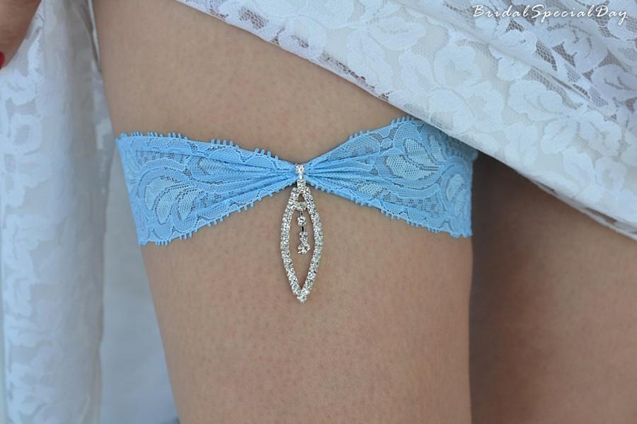 Hochzeit - Sky Blue Wedding Garter Set  Lingerie & Garters Garters Stretch Lace Bridal Garter With Leaf Rhinestone Charm - Handmade Bridal Clothing