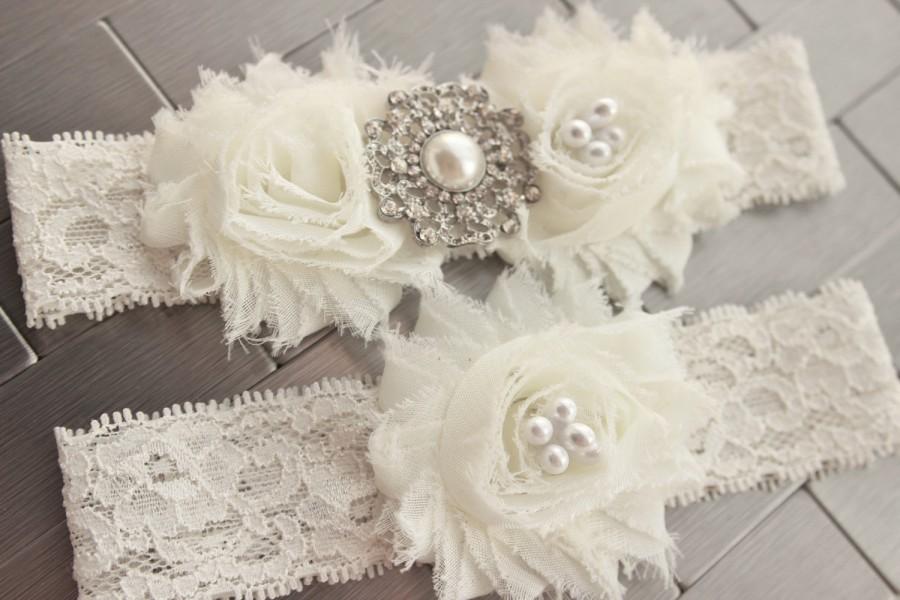 Wedding - Ivory / Cream Snowflake Wedding Garter Set, Winter Wedding Garter, Lace Garter w/ Flowers, Pearl and Bling Accents, Ivory Bridal garderbelt