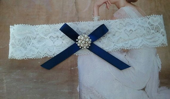 Wedding - Wedding Toss Garter - Navy Bow with Pearl & Rhinestone - Style TG117