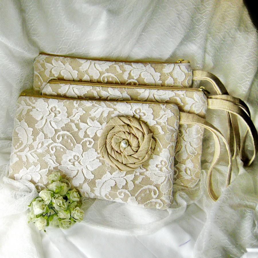 زفاف - Set of 5 Bridesmaid clutch, cotton linen lace clutch, wedding purse bag (Ref: CL905) CHOOSE your color