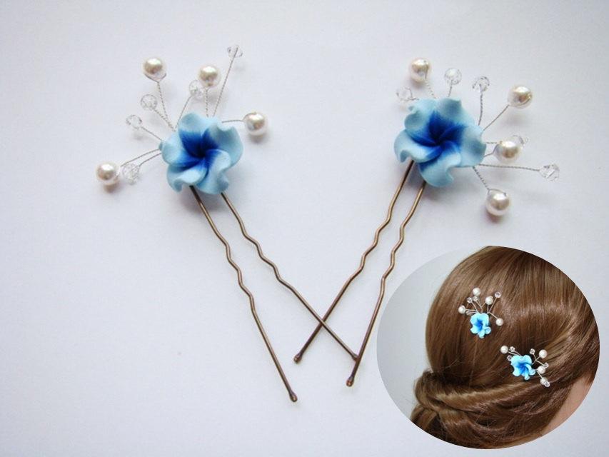 Hochzeit - Blue Headpiece- Blue Hair pins - Bridesmaid Hair - Blue Hair Accessories - Blue Hair Pin - Set of 2 Blue, Red, Green, Purple, Pink - Flower