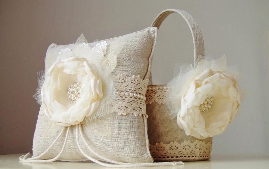 Mariage - NEW - Flower Girl Basket,  Ring Bearer Pillow, Wedding, Ivory Flower Girl Basket, Vintage Basket and Pillow Set
