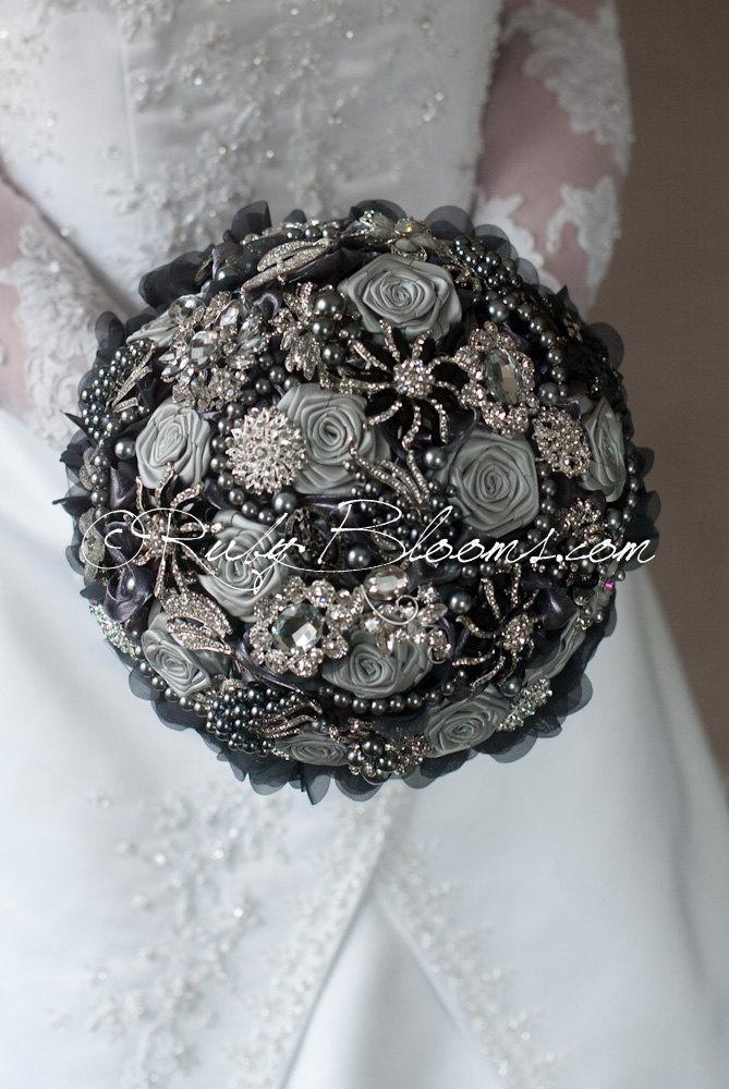 Wedding - Crystal Black and Grey Wedding Brooch Bouquet. Deposit - "Grey Eden" Silver Heirloom bouquet, Bridal Broach Bouquet by Ruby Blooms Wedding