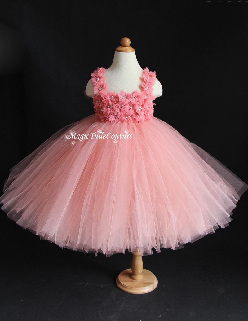 Wedding - Peach Pink and Coral Flower Girl Tutu Dress birthday parties dress Easter dress Occasion dress 1T-10T (with a matching headpiece)