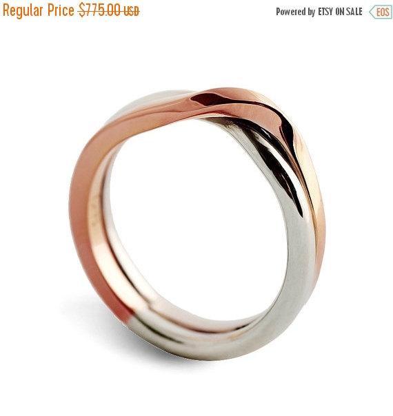 Wedding - Black Friday SALE - LOVE KNOT White and Rose gold wedding band, unique wedding ring, alternative mens womens wedding ring, two tone ring