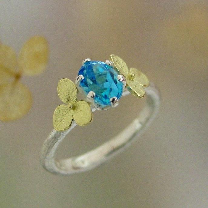 Wedding - Blue Topaz Gemstone Ring, Alternative Engagement Ring, Unique Engagement, 18k Gold Hydrangea, Silver Gold Ring, Made to Order