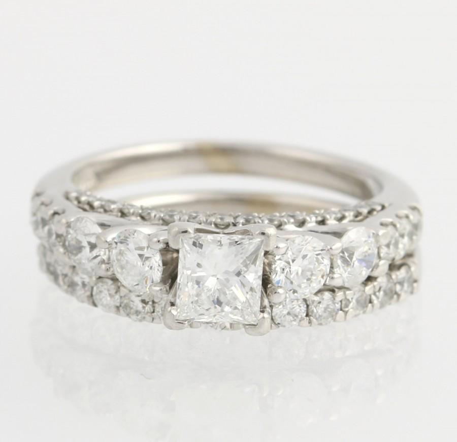 Wedding - Engagement Ring & Wedding Band Diamond - 14k White Gold Princess Cut 1.80ctw Unique Engagement Ring F9536