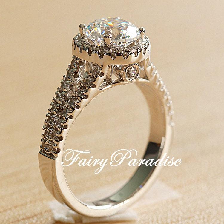 زفاف - 2 Carat Art Deco Halo Engagement Ring / Promise Ring, Round Cut Lab Created Diamond, Split Shank, Free Ring Box ( Fairy Paradise )