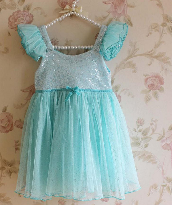 Wedding - Frozen Birthday Dress, Blue Sparkle Glitter Princess Dress , Aqua Wedding Flower Girl Dress, Frozen Tutu Dress