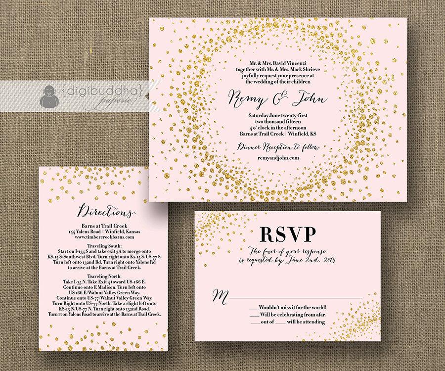 زفاف - Blush Pink & Gold Glitter Wedding Invitation RSVP Info Card 3 Piece Suite Modern Deco Chic Vintage Glam Sparkle DIY or Printed - Remy