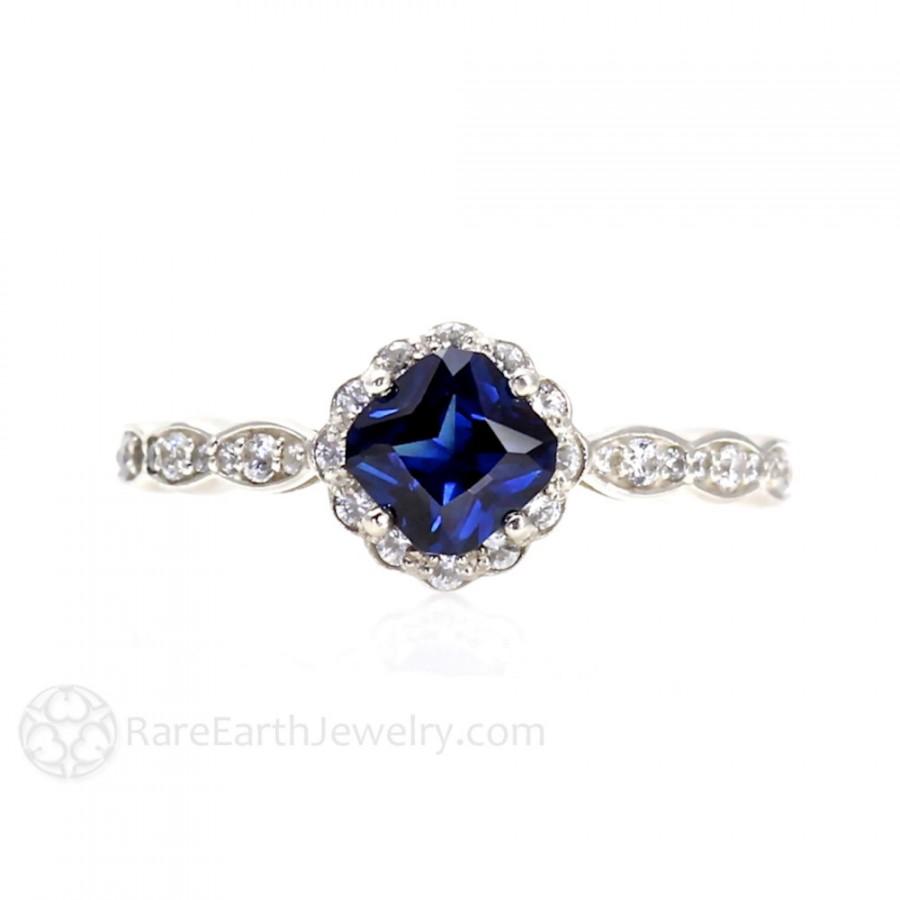 زفاف - Asscher Blue Sapphire Engagement Ring Sapphire Ring Diamond Halo 14K Gold or Palladium Custom Wedding Ring