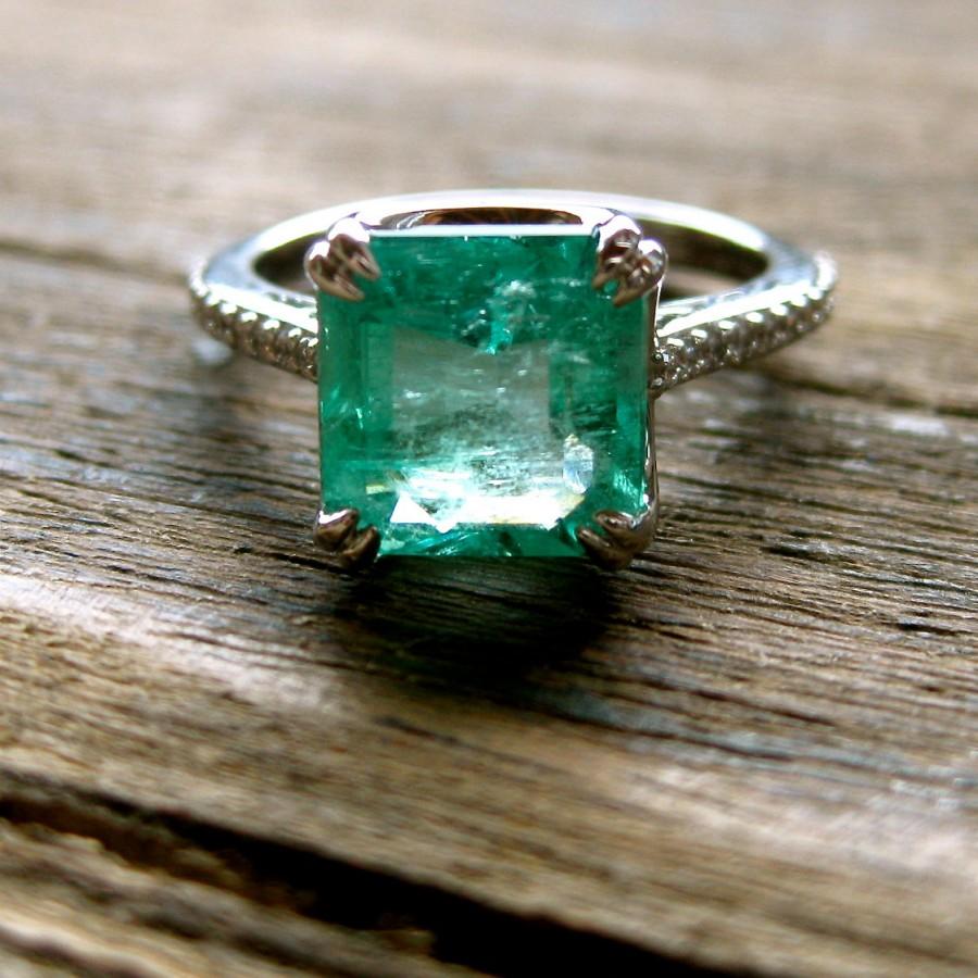زفاف - Colombian Emerald & Diamond Engagement Ring in 18K White Gold with Scrolls and Double Claw Prongs Size 5.5 - Cost Covers Setting Only!