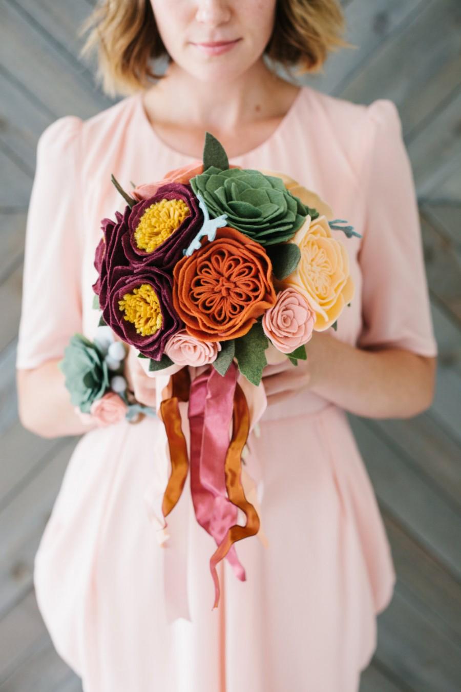 زفاف - made to order wool felt flower + succulent bridesmaid's bouquet // maid of honor