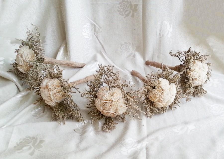 زفاف - Small cream rustic wedding SET of 5 BOUQUETS Ivory Flowers, dried limonium, Burlap Handle, Flower girl, Bridesmaid, vintage brown small toss