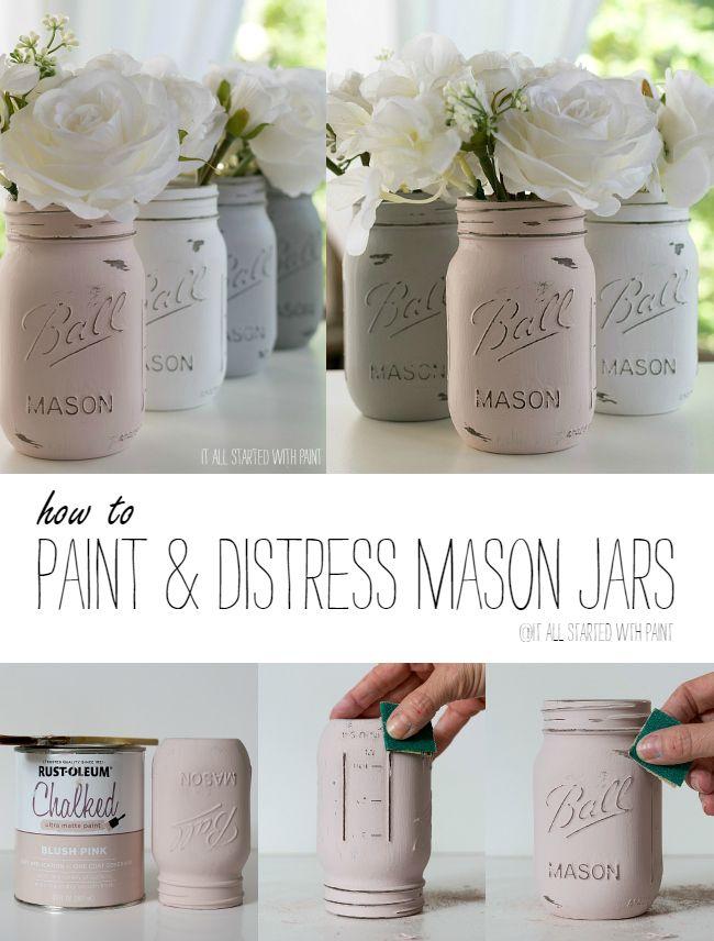 Hochzeit - How To Paint And Distress Mason Jars