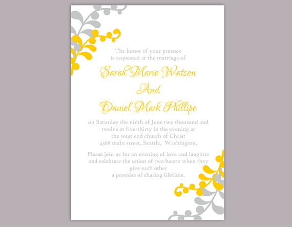 Hochzeit - DIY Wedding Invitation Template Editable Word File Instant Download Printable Leaf Invitation Elegant Yellow Gold Invitation Gray Invitation