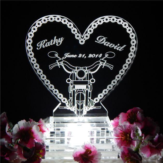 Hochzeit - Motorcycle Chain Lighted Wedding Cake Topper Acrylice Cake top Biker Theme Personalized Engraved