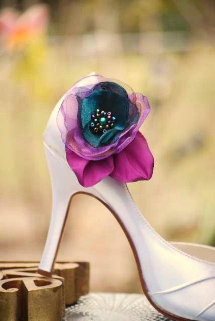 Mariage - Bridal Shoe Clips Teal Blue Purple Organza Jeweled Flower. Winter pantone bride, Chic couture elegant fabulous jewel tones, feminine chic
