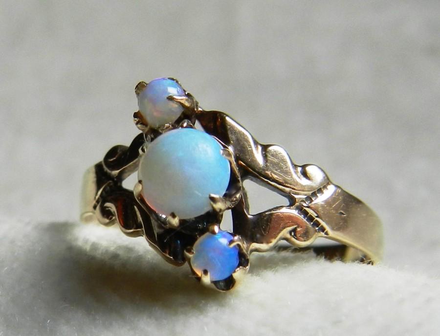 Mariage - Antique Opal Ring Victorian Engagement Ring 14K Three Stone Ring Gold October Birthday Libra