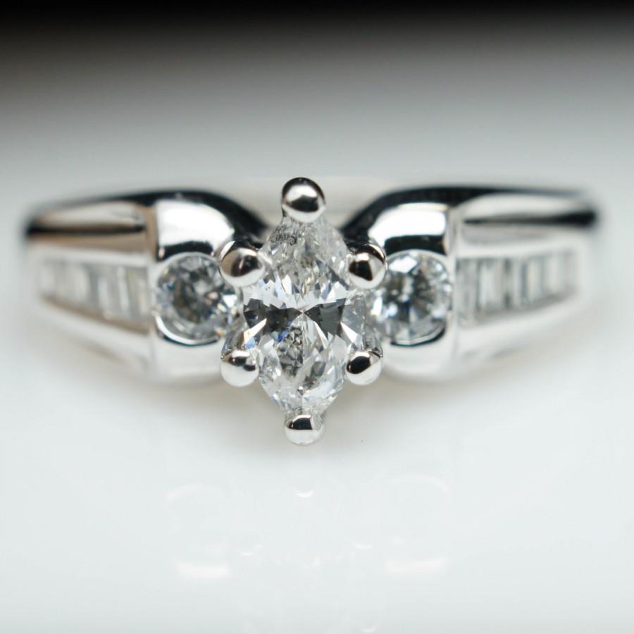 Wedding - SALE- Vintage .59ct Marquise Cut Three Stone Diamond Engagement Ring in 14k White Gold - Size 6