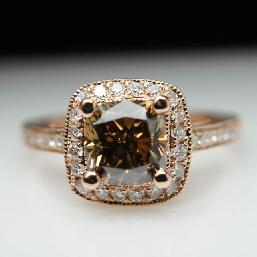 زفاف - Champage Diamond Engagement Ring 14k Rose Gold Cushion Cut Diamond Ring with Diamond Halo Wedding Band & Complete Bridal Set Available