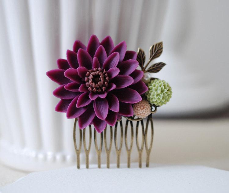 Hochzeit - Large Plum Purple Chrysanthemum Flower Wedding Bridal Hair Comb.Plum Purple Flower Brass Leaf Collage Hair Comb. Bridal Purple Wedding