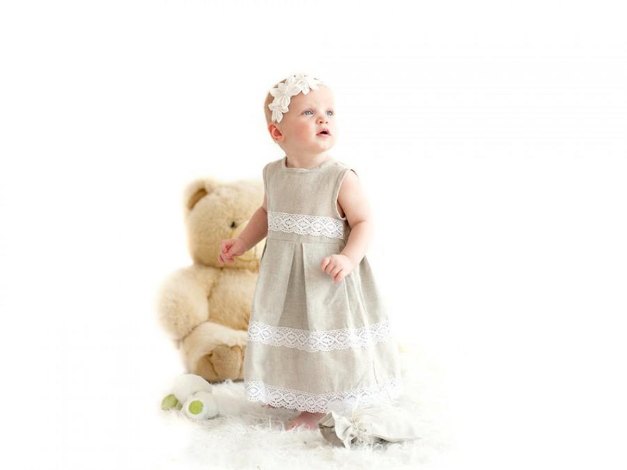 Hochzeit - Linen girl dress - Linen baby girl dress and headband set - Flower girl dress and headband - Junior bridesmaid dress