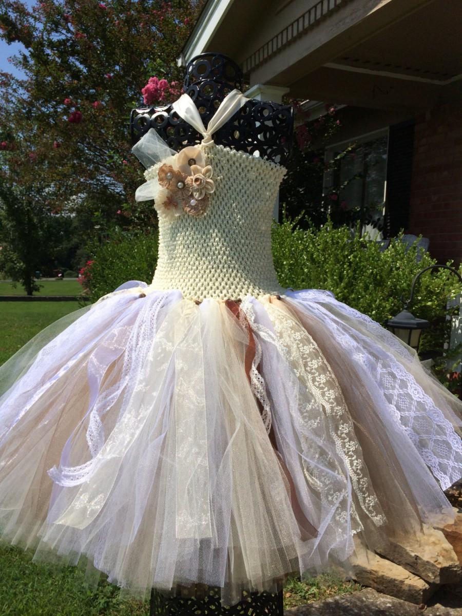 زفاف - Burlap & Lace Couture with lace accents  Flower Girl Tutu Dress/ Shabby Chic Wedding/ Rustic Wedding/ Country Wedding