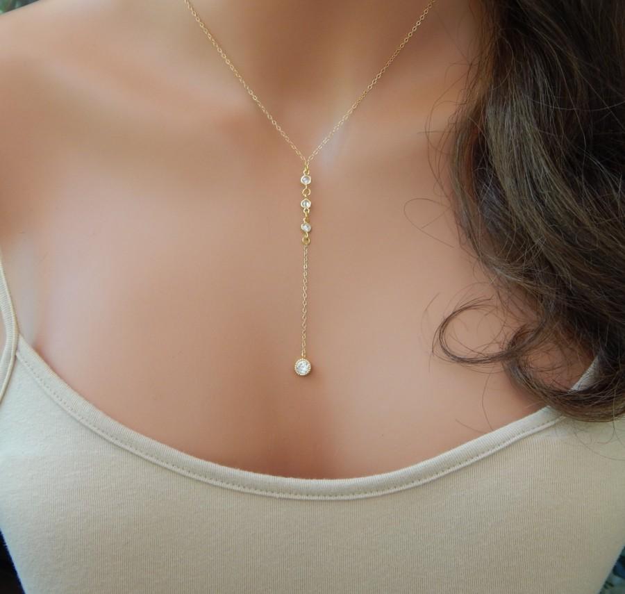 Hochzeit - Gold Lariat Necklace, CZ Lariat Y Necklace, 14K Gold Lariat Necklace, Simple and Layered