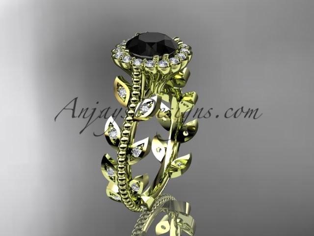 Свадьба - 14k yellow gold diamond leaf and vine wedding ring, engagement ring with a Black Diamond center stone ADLR118