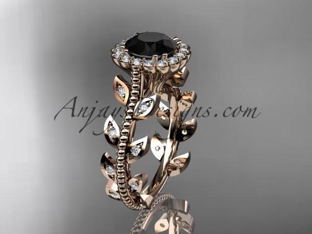 Wedding - 14k rose gold diamond leaf and vine wedding ring, engagement ring with a Black Diamond center stone ADLR118