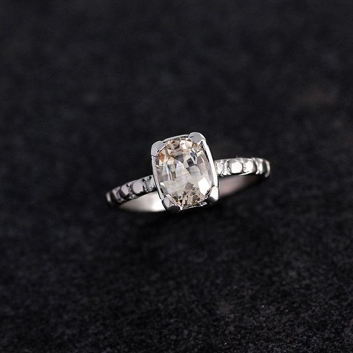 زفاف - Natural Pale Yellow Sapphire and 14k Palladium White Gold, Vintage Inspired One of a Kind Sapphire Ring, Cushion Cut Sapphire Solitaire Ring